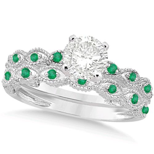 Finest Lab-grown Diamond Engagement Rings_Vintage Lab-Grown Diamond & Emerald Bridal Set